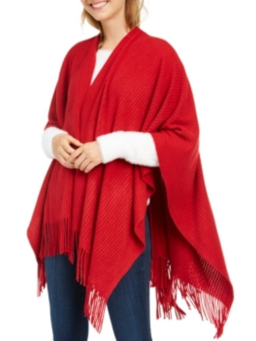 Cejon Red Fringe Knit Poncho. One Size Fits Most NWT